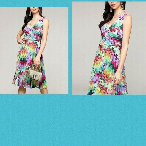 LBISSE "TEAL& PURPLE ABSTRACT PRINT SLEEVELESS SURPLICE" DRESS~MEDIUM - Picture 1 of 6